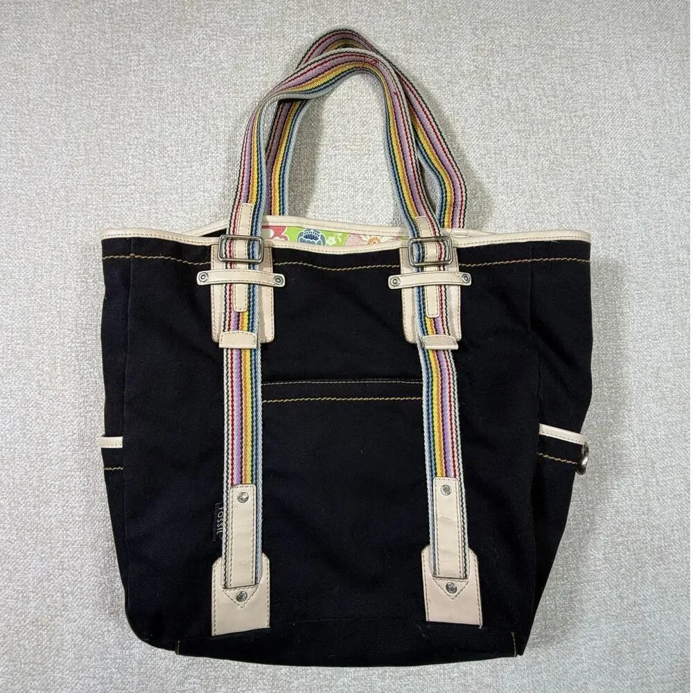 Fossil Women's Black Canvas Leather Carry Everyday Satchel Tote Bag Carry